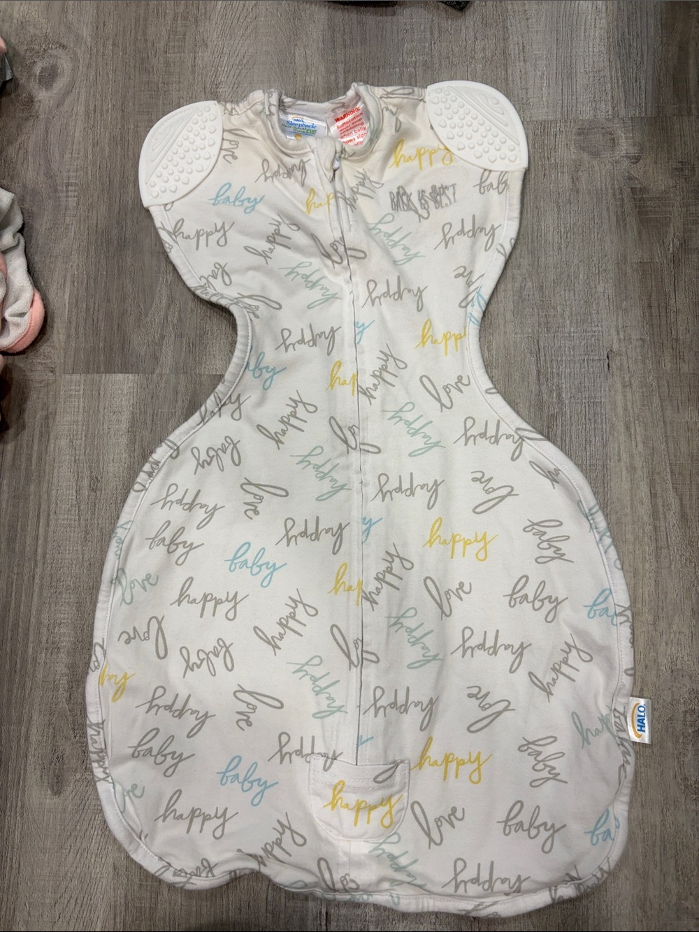 Halo Baby Sleepsack Swaddle in White with Gray, Yellow & Blue Script
